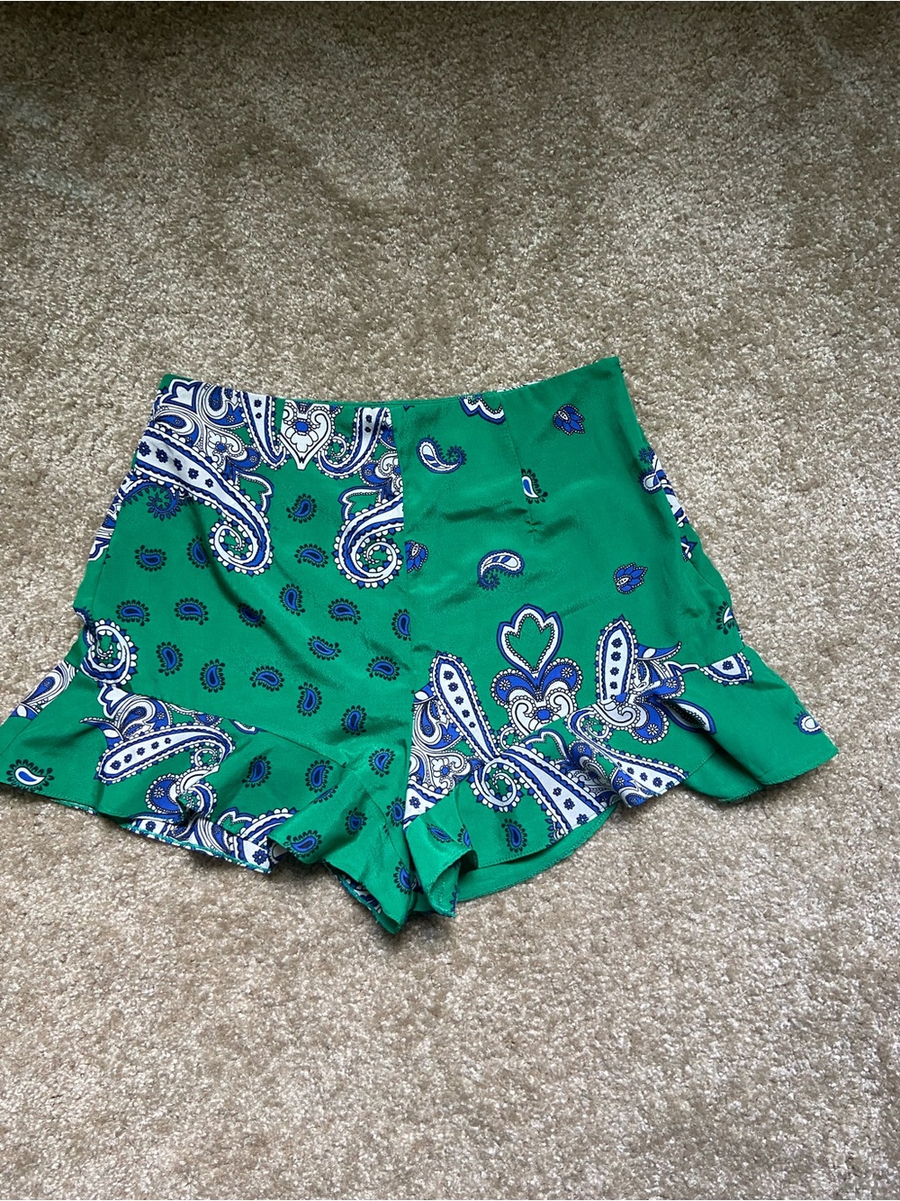 Zara Green Paisley Ruffle-Hem Skort Shorts